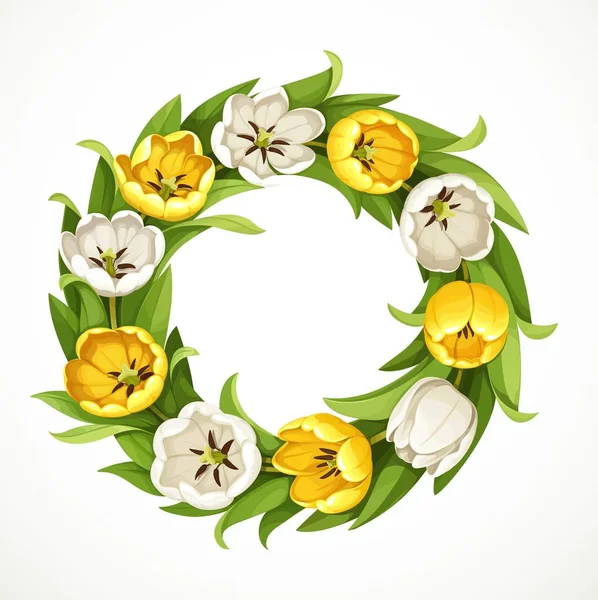 Couronne Fleurs Tulipes Jaunes Blanches Printemps Isolées Sur Fond Blanc — Image vectorielle