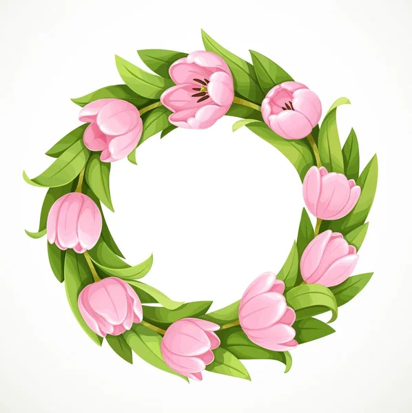 Στεφάνι Από Ροζ Ανοιξιάτικα Λουλούδια Τουλίπας Απομονωμένο Λευκό Φόντο — Διανυσματικό Αρχείο
