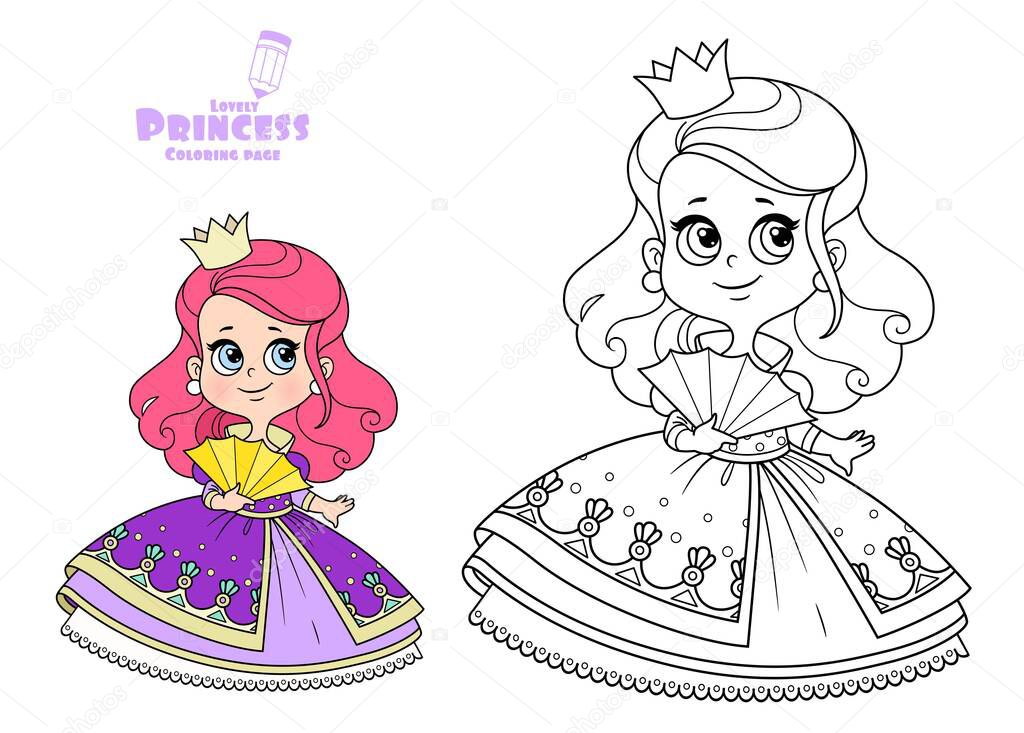 Cute red haired princess in purple dress with fan outlined and color for coloring book