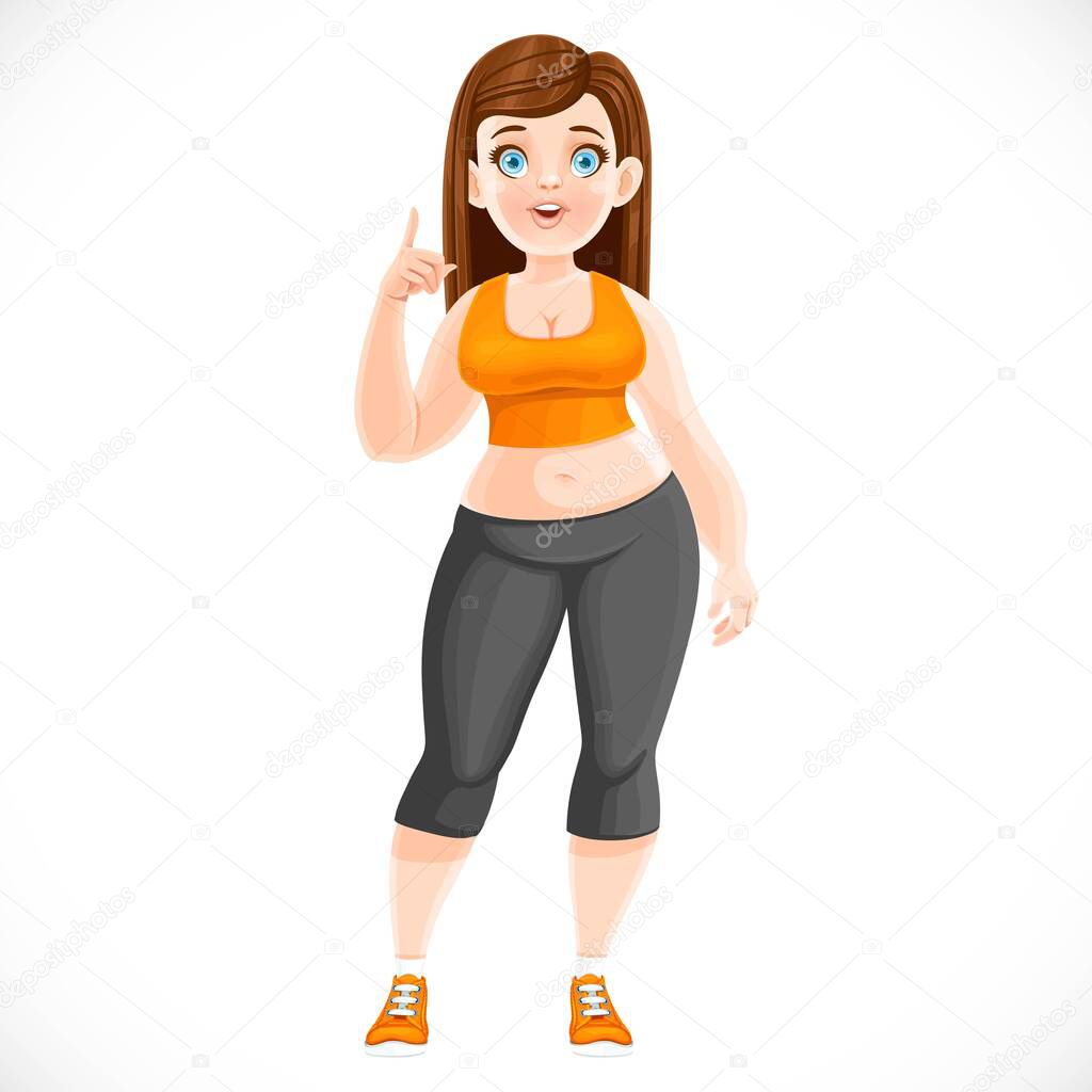 Cute fat girl in the process of losing weight in a tracksuit isolated on white background