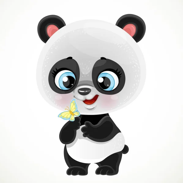 Cute Cartoon Baby Panda Bear Examines Butterfly Isolated White Background — Stock Vector