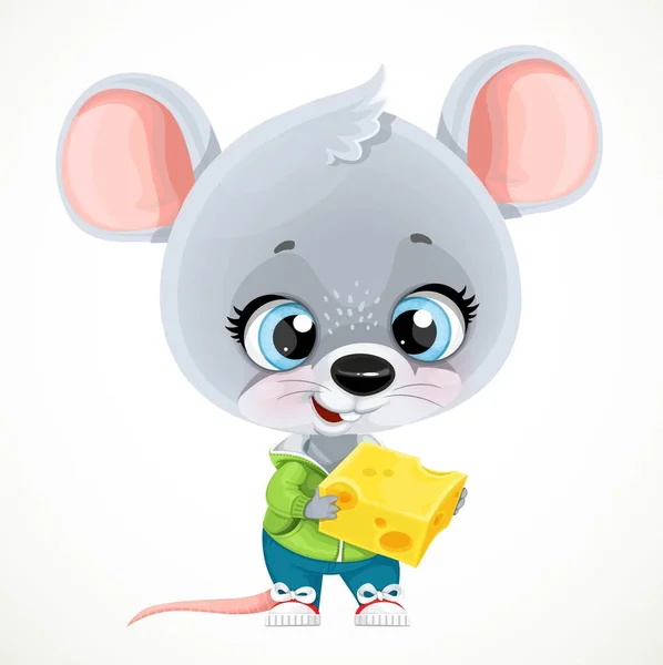 可爱的卡通小老鼠 上面有一大块奶酪 背景是白色的 — 图库矢量图片
