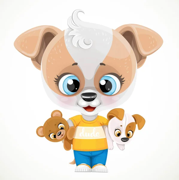 かわいいです漫画赤ちゃん犬とともに柔らかいおもちゃで手に隔離された白い背景 — ストックベクタ
