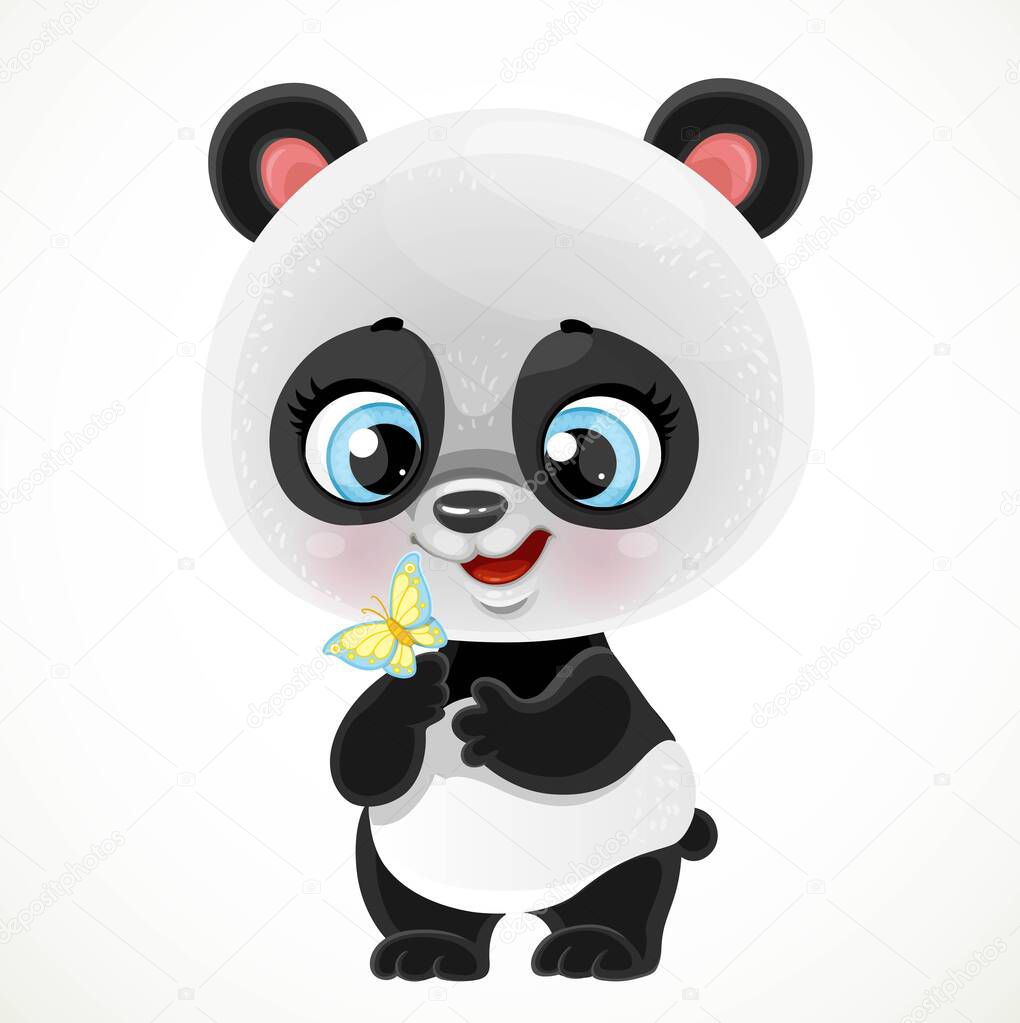 Cute cartoon baby panda bear examines a butterfly isolated on a white background
