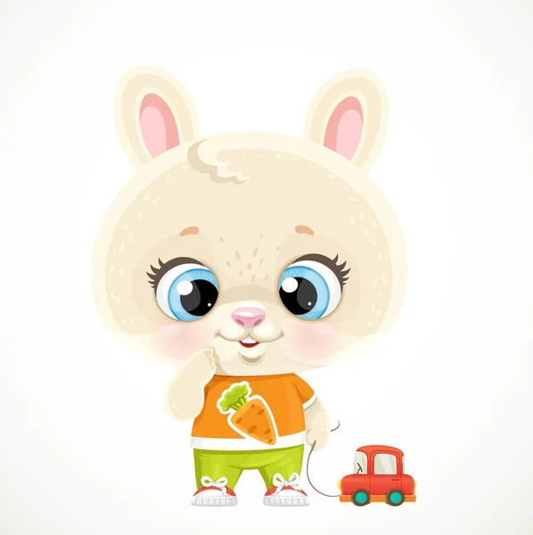 Симпатичний Маленький Кролик Грає Червоною Іграшковою Машиною Ізольовано Білому Тлі — стоковий вектор