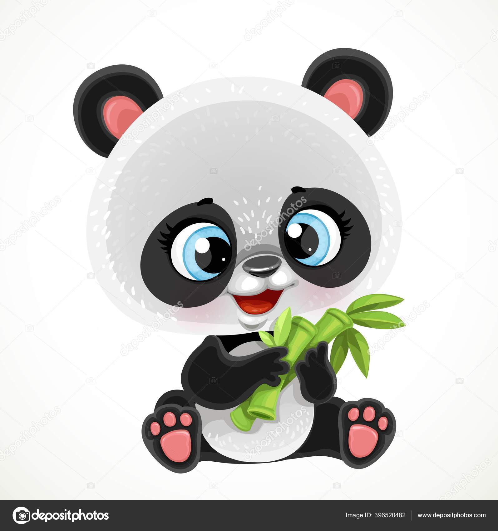 Cute Cartoon Baby Panda Bear Eating Bamboo Isolated White Background Stock  Vector Image by ©yadviga #396520482