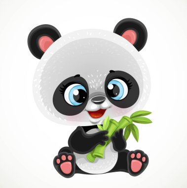 Beyaz arka planda karikatür bebek panda bambu yiyor.
