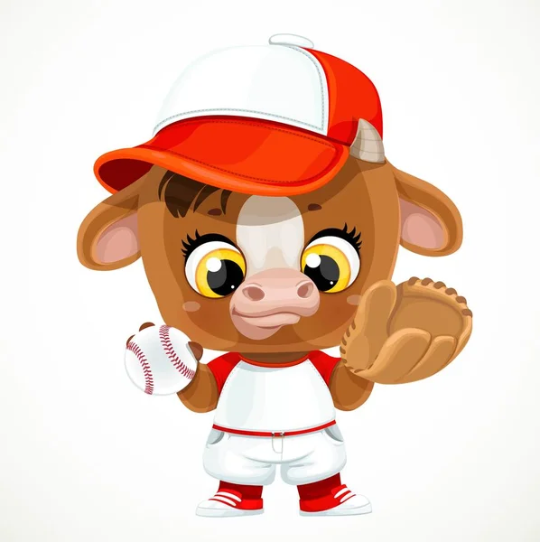 可爱的卡通片小牛犊 身穿棒球制服 球和手套隔离在白色背景下 — 图库矢量图片