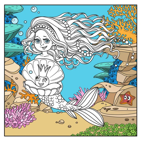 Beautiful Mermaid Girl Holding Pearl Shell Underwater World Corals Fishes — Stock Vector