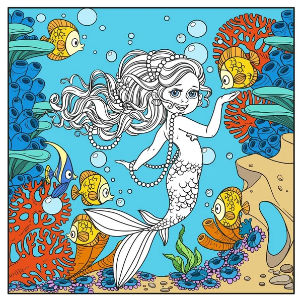 Beautiful Little Mermaid Girl Underwater World Corals Anemones Page Coloring — Stock Vector