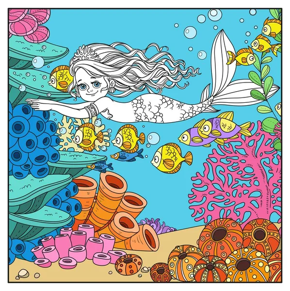 Όμορφη Μικρή Γοργόνα Κορίτσι Κολύμπι Ψάρια Στον Υποβρύχιο Κόσμο Κοράλλια — Διανυσματικό Αρχείο