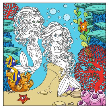 Şirin kız deniz kızı örgü örüyor. Su altındaki arkadaş deniz kızı. Mercan renklendirme sayfası var.