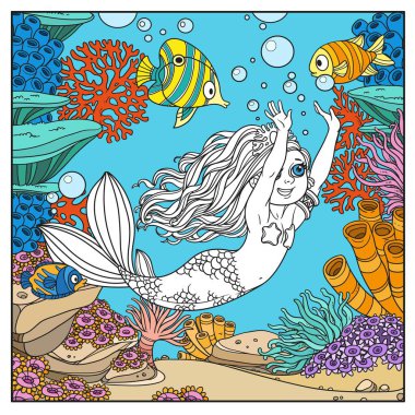 Sevimli kız denizkızı su altında mercanlar, balıklar, su yosunları ve deniz şakayıklarının renklendirildiği sayfalarda ellerini ileri uzatarak süzülüyor.