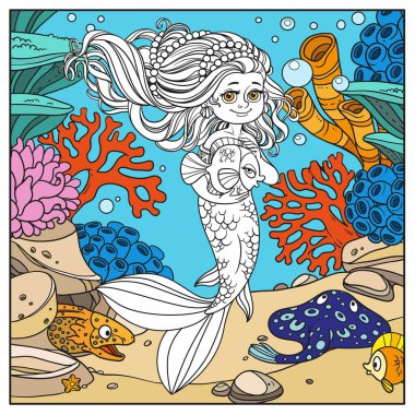 Şirin küçük deniz kızı su altı dünyasında mercanlar, deniz şakayıkları, yılanbalıkları ve boyama için rampa sayfası olan evcil bir balık tutuyor.