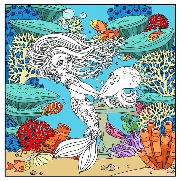 漫画の小さな人魚の女の子ダンスとともにタコで水中世界でサンゴと Actiniaと魚のページのための着色 — ストックベクタ
