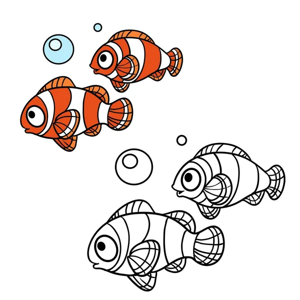 Zwei Clownfische Schwimmen Nebeneinander Malbuch Lineare Zeichnung Isoliert Auf Weißem — Stockvektor