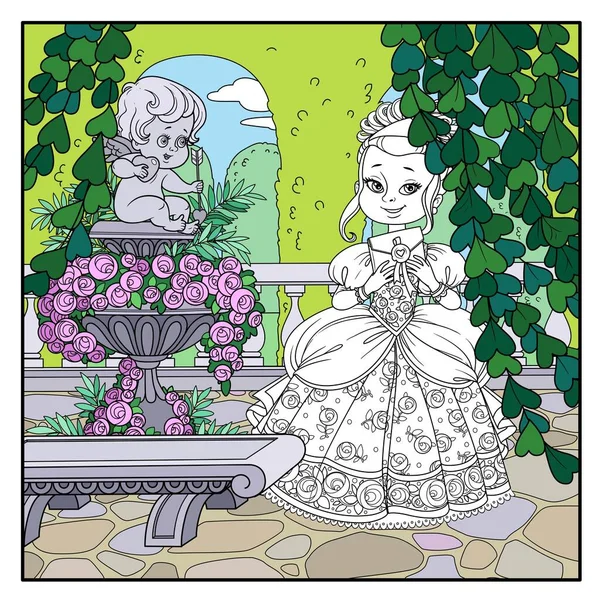 美しい王女は 着色のためのキューピッドページの像と庭の大理石の花瓶の近くの居心地の良いコーナーで手紙を保持 — ストックベクタ