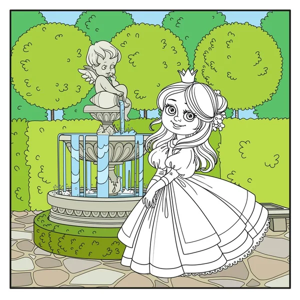 Princesse Mignonne Dans Parc Palais Avec Page Fontaine Cupidon Pour — Image vectorielle