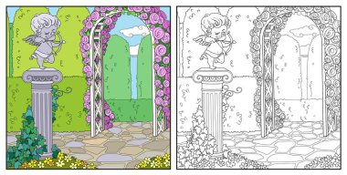 Bir aşk tanrısı okçusunun heykeli park renginde sarmaşıkla sarmalanmış ve boyama sayfası için özetlenmiş.