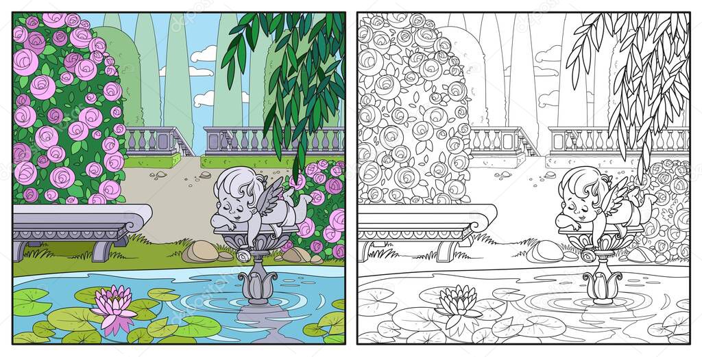 Palace park near the pond with a sculpture of Cupid color picture for coloring page