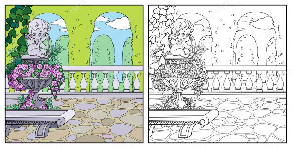 Palace Park cozy corner near garden marble vase with a statue of Cupid color for coloring page