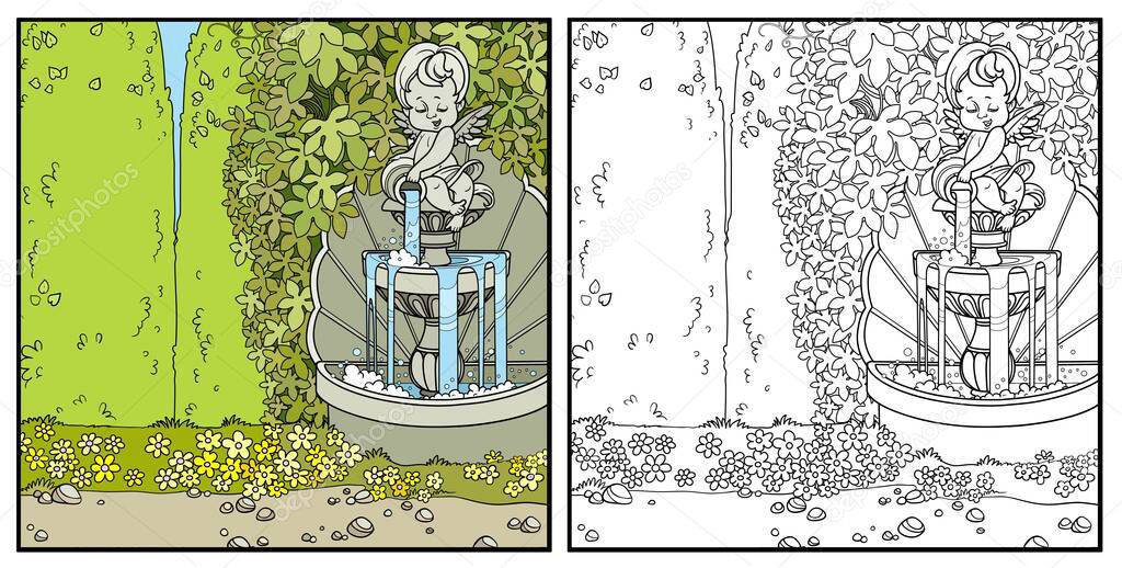 Park with a cupid pouring water from a jug a fountain entwined with wild grapes color and outlined for coloring page