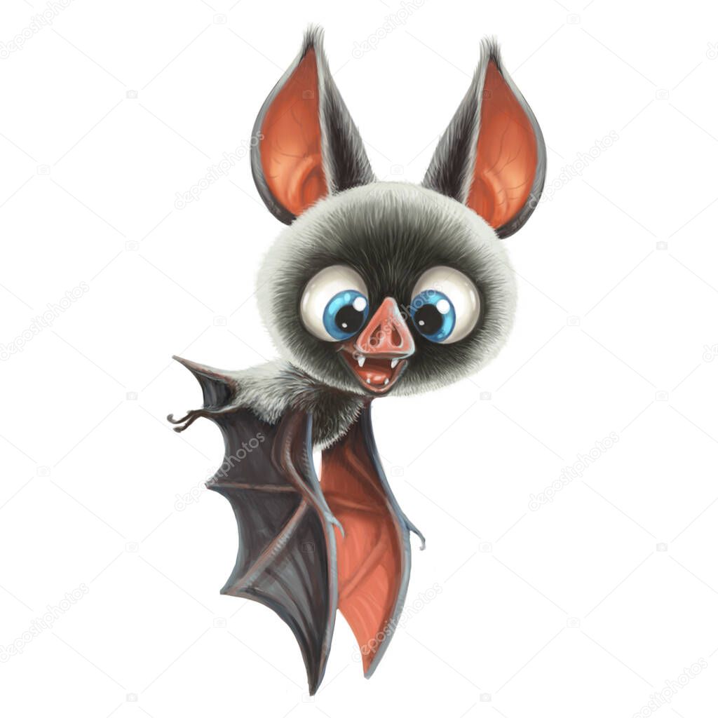  Cute cartoon raster draw bat isolated on a white background