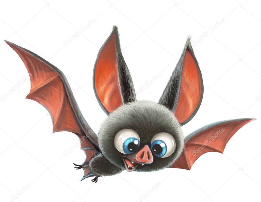 Cute cartoon raster draw flying bat isolated on a white background