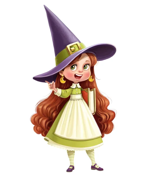 Cute Cartoon Little Witch Girl Big Old Grimoire Hand Shows — Stock Photo, Image