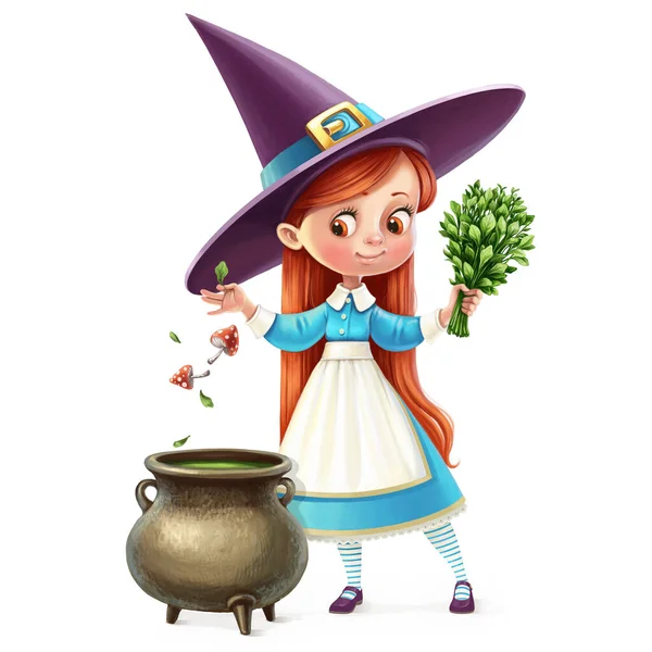 Cute Cartoon Little Witch Girl Cauldron Potion Ingredients Isolated White — Stock Photo, Image