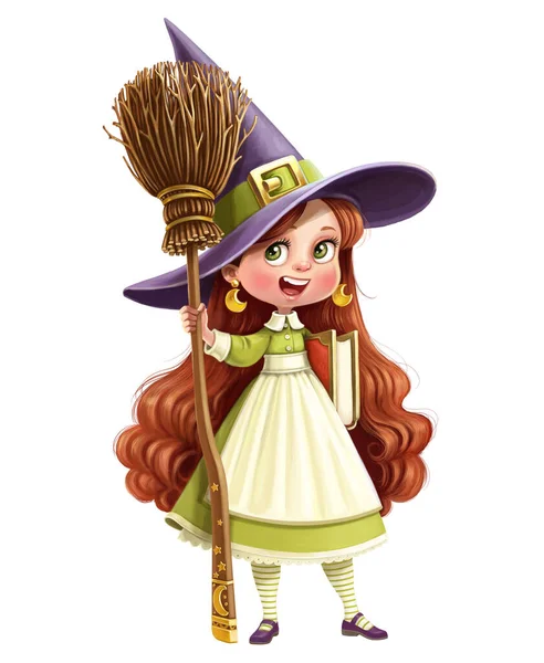 Cute Cartoon Little Witch Girl Broom Grimoire Hands Isolated White — Stock Photo, Image