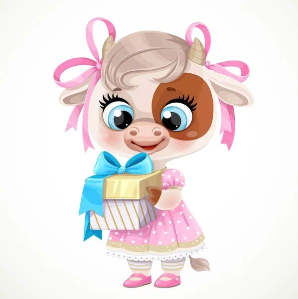 Κοριτσάκι Αγελάδας Ροζ Φόρεμα Δώρο Που Απομονώνεται Λευκό Φόντο — Διανυσματικό Αρχείο