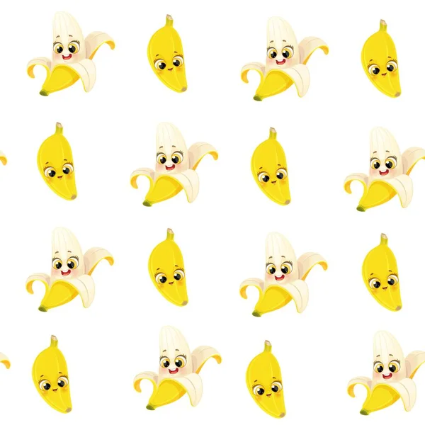 Seamless Pattern Cute Little Cartoon Emoji Fruits Banana White Background — Stock Vector
