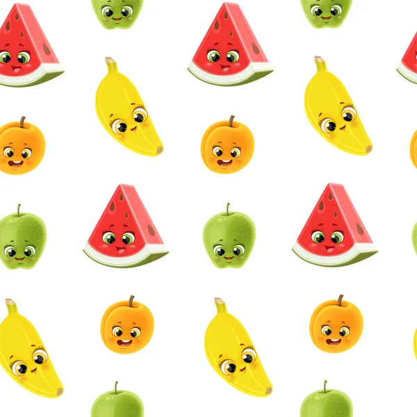 Patrón Sin Costuras Pequeños Dibujos Animados Lindo Frutas Emoji Plátano — Archivo Imágenes Vectoriales