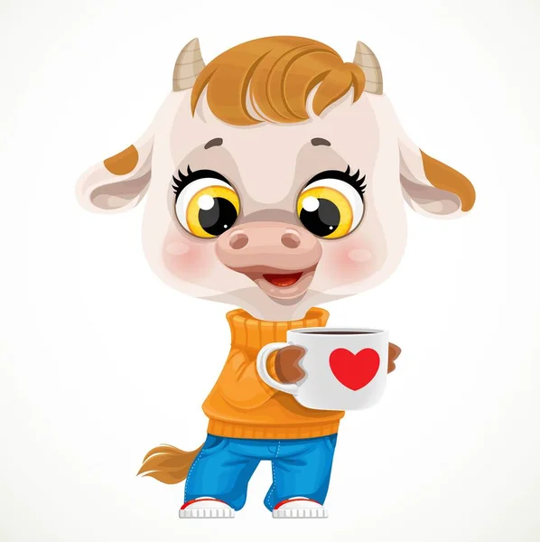 かわいい漫画の赤ちゃん子牛でオレンジセーターでお茶やコーヒーのカップ白の背景に隔離 — ストックベクタ