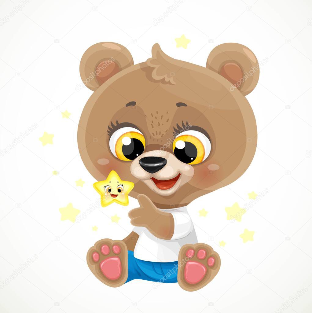 Cute cartoon baby bear with a golden star sit on a white background