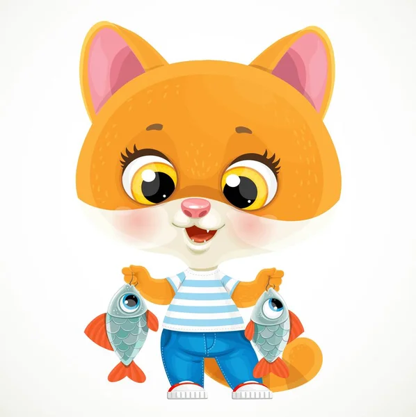 Cute Cartoon Orange Baby Cat Caught Fish Isolated White Background — Stock Vector