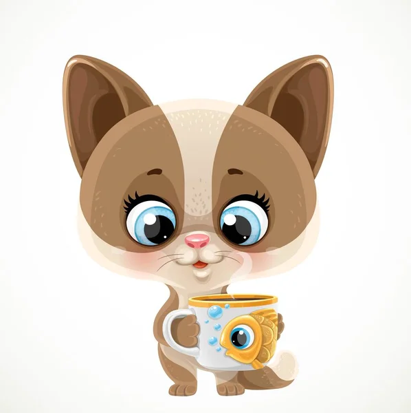 Cute Cartoon Baby Cat Cup Tea Coffee Isolated White Background — Stock Vector