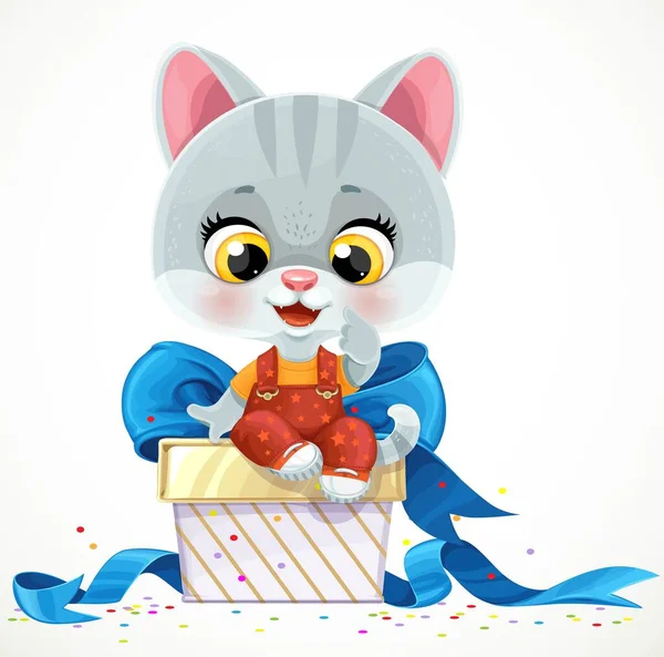 Niedliche Cartoon Baby Katze Sitzt Auf Großen Geschenkbox Isoliert Auf — Stockvektor