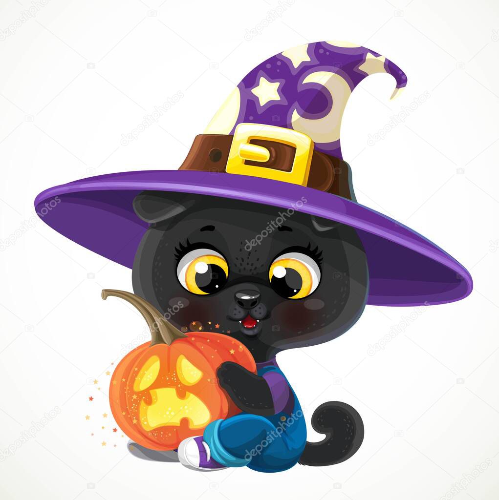 Cute cartoon baby black cat with Halloween pumpkin isolated on a white background