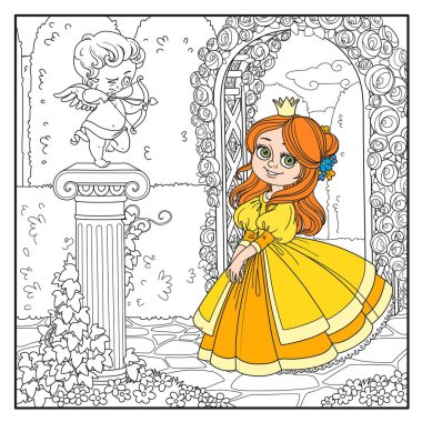 Parkta renklendirilmek üzere sarmaşıklarla sarmalanmış sütun üzerinde duran bir aşk tanrısı okçusunun heykelinin yanındaki sevimli prenses.