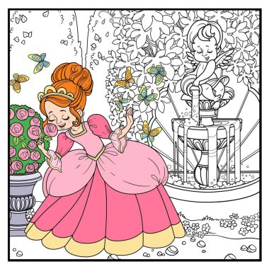Güzel prenses parkta bir gül şelalesini kokluyor. Bir sürahide akan aşk tanrısı suyu. Renkli sayfa için özetlenmiş bir çeşme.