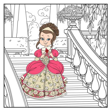 Güzel prenses saray parkında mektup tutuyor. Boyamak için tasarlanmış büyük bir merdiveni var.