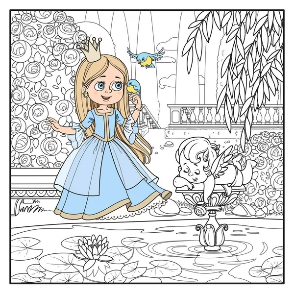 可爱的卡通画公主在池塘边的皇宫公园里与鸟儿共唱 配以丘比特的雕塑 作为彩绘页面 — 图库矢量图片