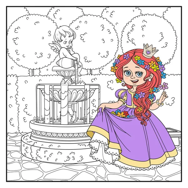 Linda Chica Princesa Dibujos Animados Palacio Parque Con Fuente Cupido — Archivo Imágenes Vectoriales
