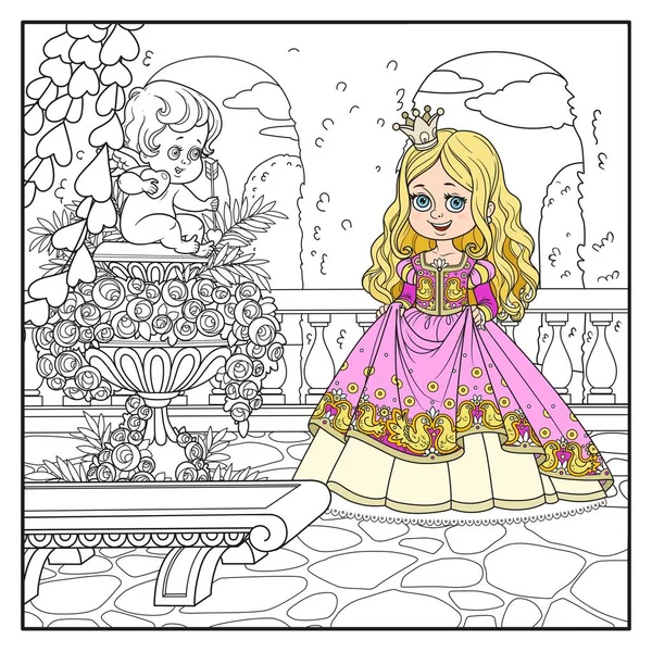 Color Linda Princesa Dibujos Animados Parque Del Palacio Cerca Jarrón — Vector de stock