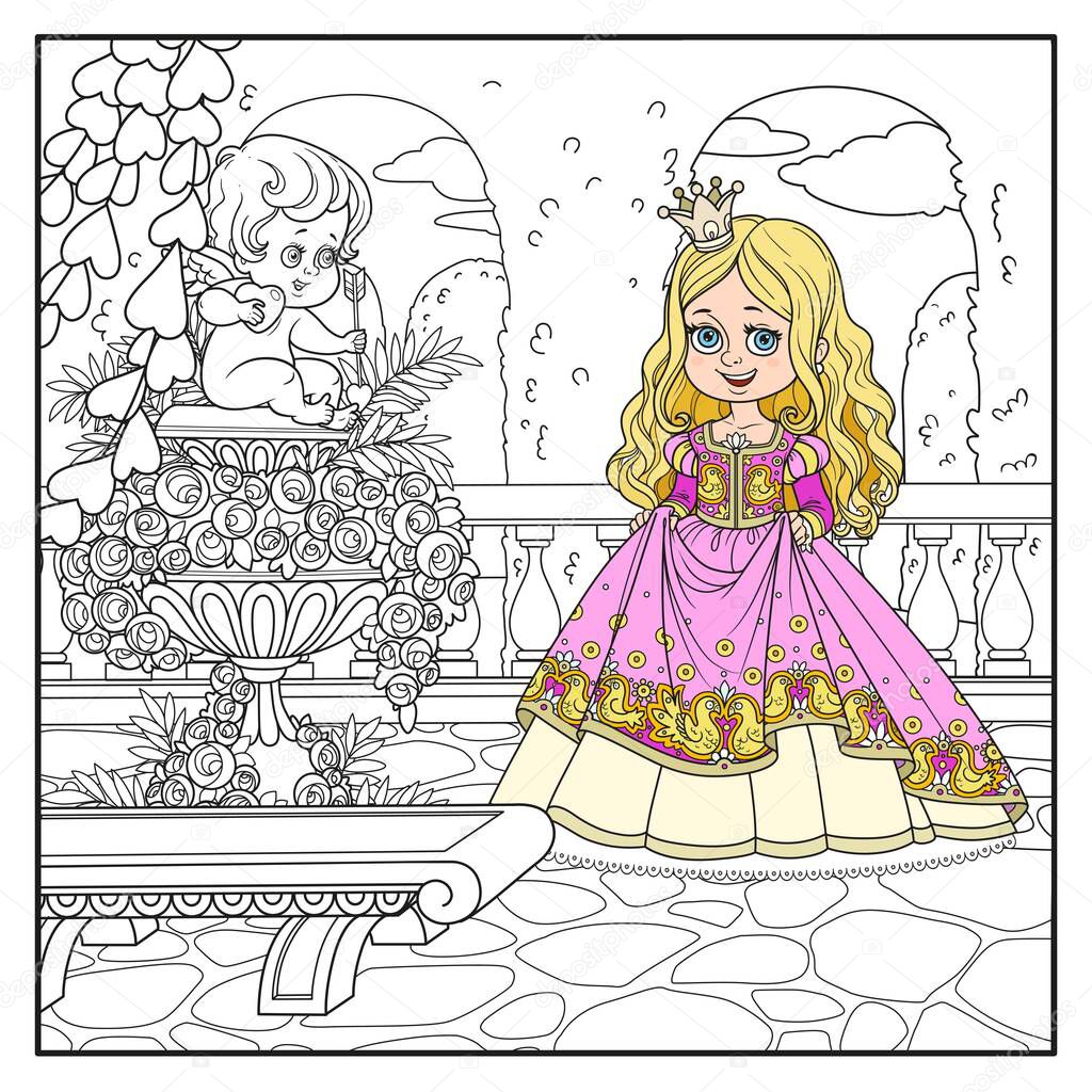 Color cute cartoon princess in palace park near garden marble vase with a statue of Cupid outlined for coloring page
