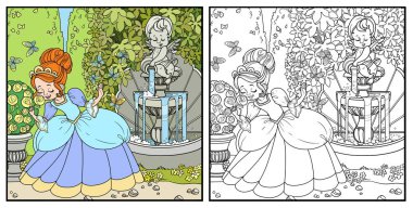 Güzel prenses parkta bir gül çiçeğini kokluyor bir sürahiden su döküyor çeşme rengi ve boyama sayfası için özetlenmiş.