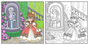 Not defteri ve dolma kalemi olan sevimli bir karikatür kızı. Aşk tanrısı çeşmesi yanında bir sürahi gül renginde ve boyama için özetlenmiş.