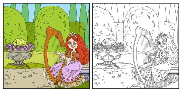 Schöne Prinzessin Spielt Keltische Harfe Schlosspark Mit Orts Und Blütenfarbe — Stockvektor